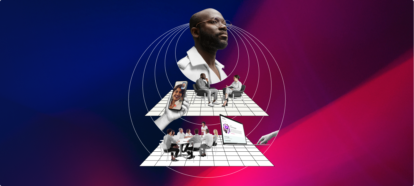 Collage showing a man in focus with surrounding visuals of people in meetings, video calls, and presentations, symbolizing AI-powered workforce transformation.